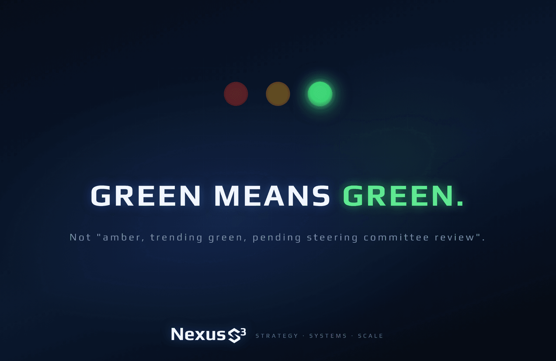 Wallpaper with RAG status dots where only green is lit: "Green means green. Not amber, trending green, pending steering committee review."