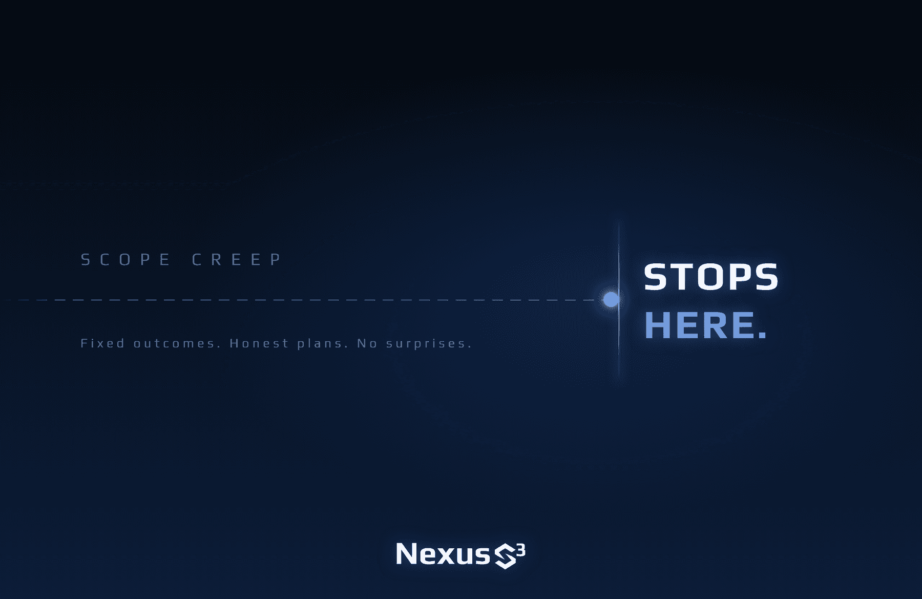 Dark navy wallpaper reading "Scope creep stops here" with a dashed line halting at a wall