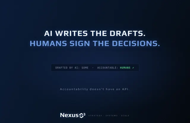 Nexus S³ wallpaper reading “AI writes the drafts. Humans sign the decisions.” Small print: Accountability doesn't have an API.