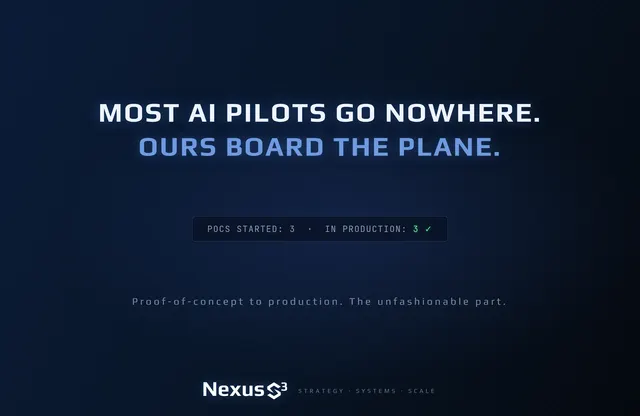 Nexus S³ wallpaper reading “Most AI pilots go nowhere. Ours board the plane.” Small print: Proof-of-concept to production. The unfashionable part.