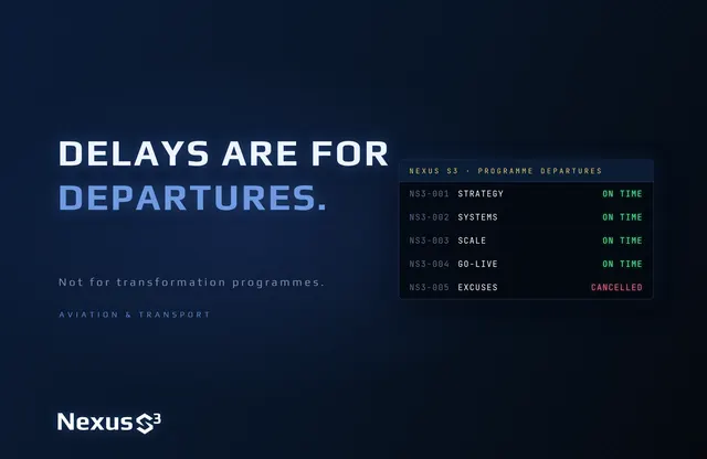 Nexus S³ wallpaper reading “Delays are for departures.”, with departures board titled 'NEXUS S3 · PROGRAMME DEPARTURES' listing NS3-001 STRATEGY, NS3-002 SYSTEMS, NS3-003. Small print: Not for transformation programmes.