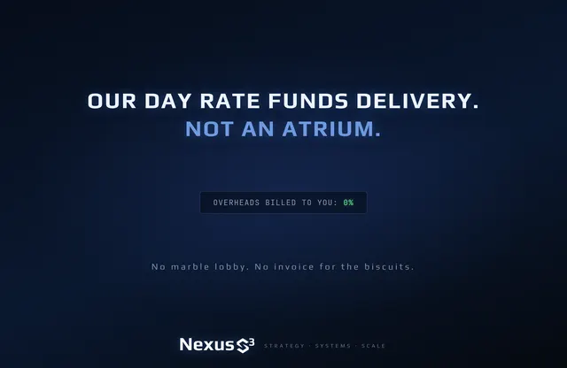 Nexus S³ wallpaper reading “Our day rate funds delivery. Not an atrium.” Small print: No marble lobby. No invoice for the biscuits.