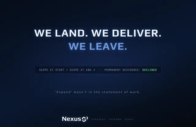 Nexus S³ wallpaper reading “We land. We deliver. We leave.” Small print: 'Expand' wasn't in the statement of work.