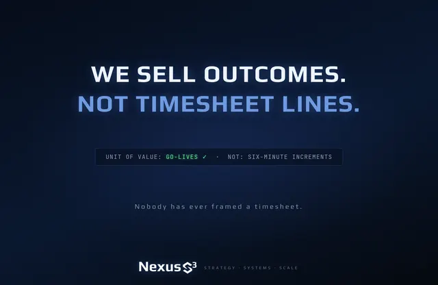 Nexus S³ wallpaper reading “We sell outcomes. Not timesheet lines.” Small print: Nobody has ever framed a timesheet.