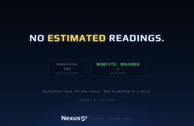 Nexus S³ wallpaper reading “No estimated readings.”, with two report boxes. Small print: Outcomes read off the meter. Not modelled in a deck.