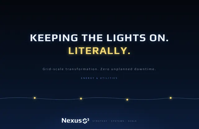 Nexus S³ wallpaper reading “Keeping the lights on. Literally.”, with wavy power line strung with four glowing yellow lights. Small print: Grid-scale transformation. Zero unplanned downtime.