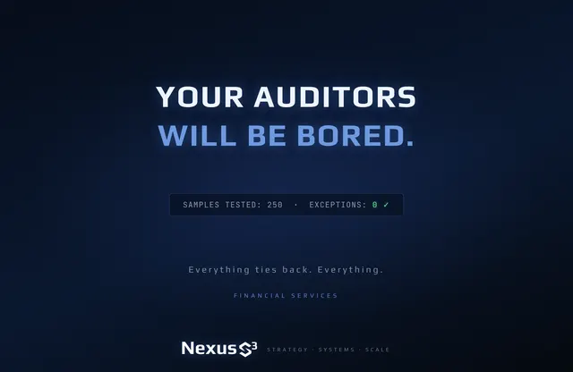 Nexus S³ wallpaper reading “Your auditors will be bored.” Small print: Everything ties back. Everything.
