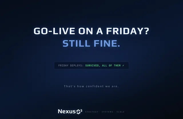 Nexus S³ wallpaper reading “Go-live on a Friday? Still fine.” Small print: That's how confident we are.