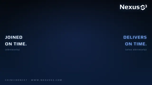 Nexus S³ wallpaper reading “Joined on time. Delivers on time.”, with video-call background with the centre left clear. Small print: COINCIDENCE? · WWW.NEXUSS3.COM