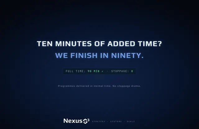 Nexus S³ wallpaper reading “Ten minutes of added time? We finish in ninety.” Small print: Programmes delivered in normal time. No stoppage drama.