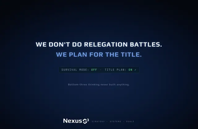 Nexus S³ wallpaper reading “We don't do relegation battles. We plan for the title.” Small print: Bottom-three thinking never built anything.
