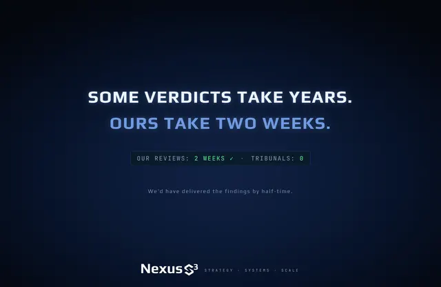 Nexus S³ wallpaper reading “Some verdicts take years. Ours take two weeks.” Small print: We'd have delivered the findings by half-time.