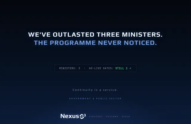 Nexus S³ wallpaper reading “We've outlasted three ministers. The programme never noticed.” Small print: Continuity is a service.