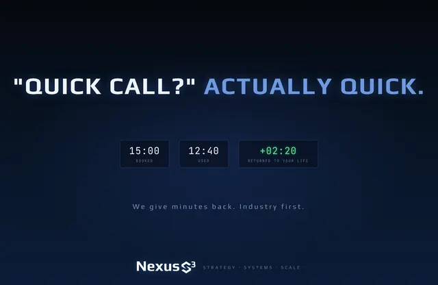 Nexus S³ wallpaper reading “"Quick call?" Actually quick.”, with three timer boxes showing booked, used and returned call time. Small print: We give minutes back. Industry first.