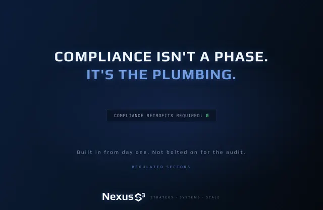 Nexus S³ wallpaper reading “Compliance isn't a phase. It's the plumbing.” Small print: Built in from day one. Not bolted on for the audit.