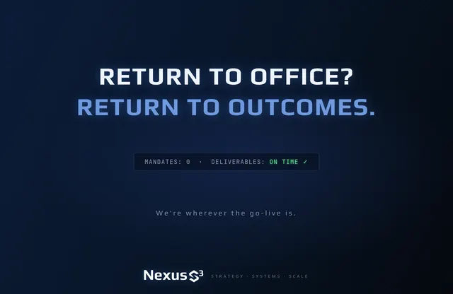 Nexus S³ wallpaper reading “Return to office? Return to outcomes.” Small print: We're wherever the go-live is.