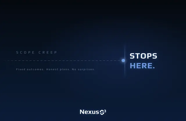 Nexus S³ wallpaper reading “Scope creep stops here.”, with dashed horizontal line running in from the left and ending at a glowing dot against a vertical barrier line. Small print: Fixed outcomes. Honest plans. No surprises.