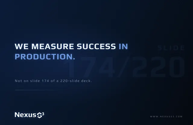 Nexus S³ wallpaper reading “We measure success in production.”, with large faint watermark. Small print: Not on slide 174 of a 220-slide deck.