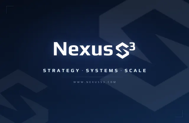 Strategy · Systems · Scale, dark: the Nexus S³ logo with the line Strategy, Systems, Scale on a dark navy background.
