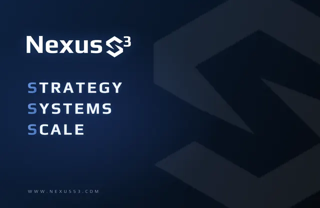 Strategy · Systems · Scale, stacked: the Nexus S³ logo with the line Strategy, Systems, Scale on a dark navy background.
