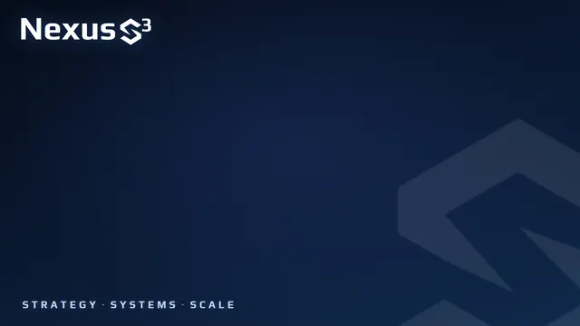 Tagline background, dark: the Nexus S³ logo with the line Strategy, Systems, Scale on a dark navy background.
