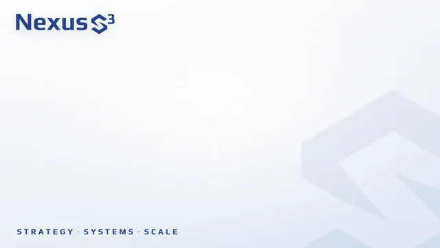 Tagline background, light: the Nexus S³ logo with the line Strategy, Systems, Scale on a light background.