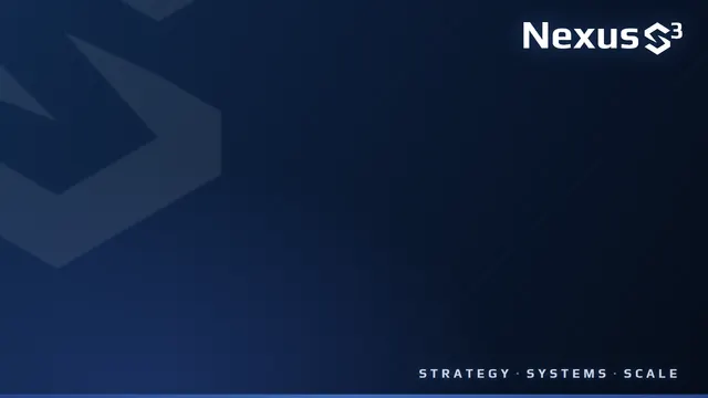 Tagline background, navy: the Nexus S³ logo with the line Strategy, Systems, Scale on a dark navy background.