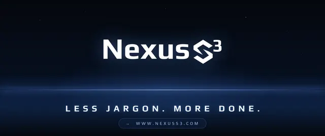 Nexus S³ wallpaper reading “Less jargon. More done.”, with large centred logo above a glowing horizon line with a few faint stars.