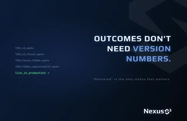 Nexus S³ wallpaper reading “Outcomes don't need version numbers.”, with struck-through file names. Small print: "Delivered" is the only status that matters.