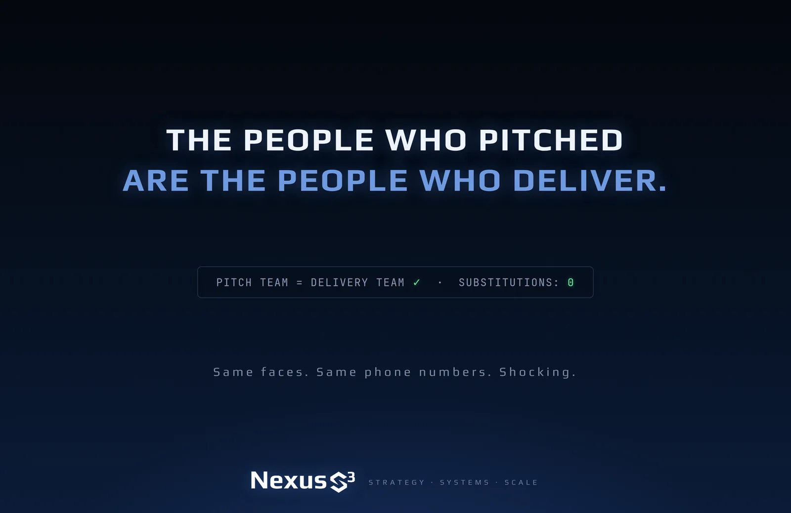 Nexus S³ wallpaper reading “The people who pitched are the people who deliver.” Small print: Same faces. Same phone numbers. Shocking.