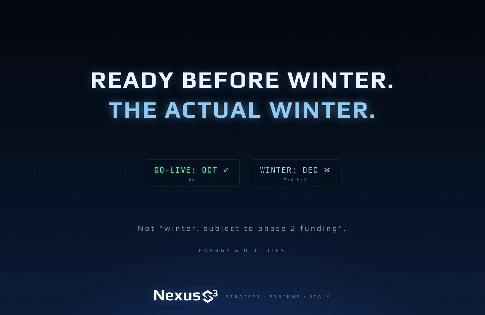 Nexus S³ wallpaper reading “Ready before winter. The actual winter.”, with two side-by-side status boxes, the first captioned US and the second captioned WEATHER. Small print: Not "winter, subject to phase 2 funding".