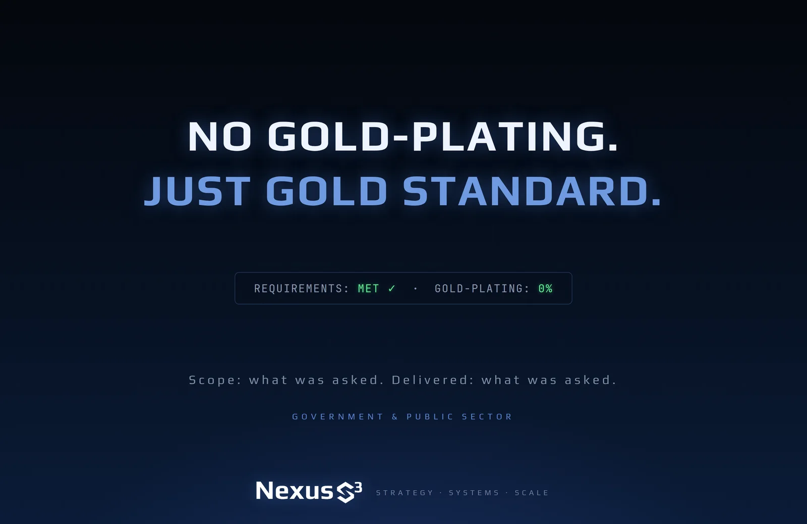 Nexus S³ wallpaper reading “No gold-plating. Just gold standard.” Small print: Scope: what was asked. Delivered: what was asked.