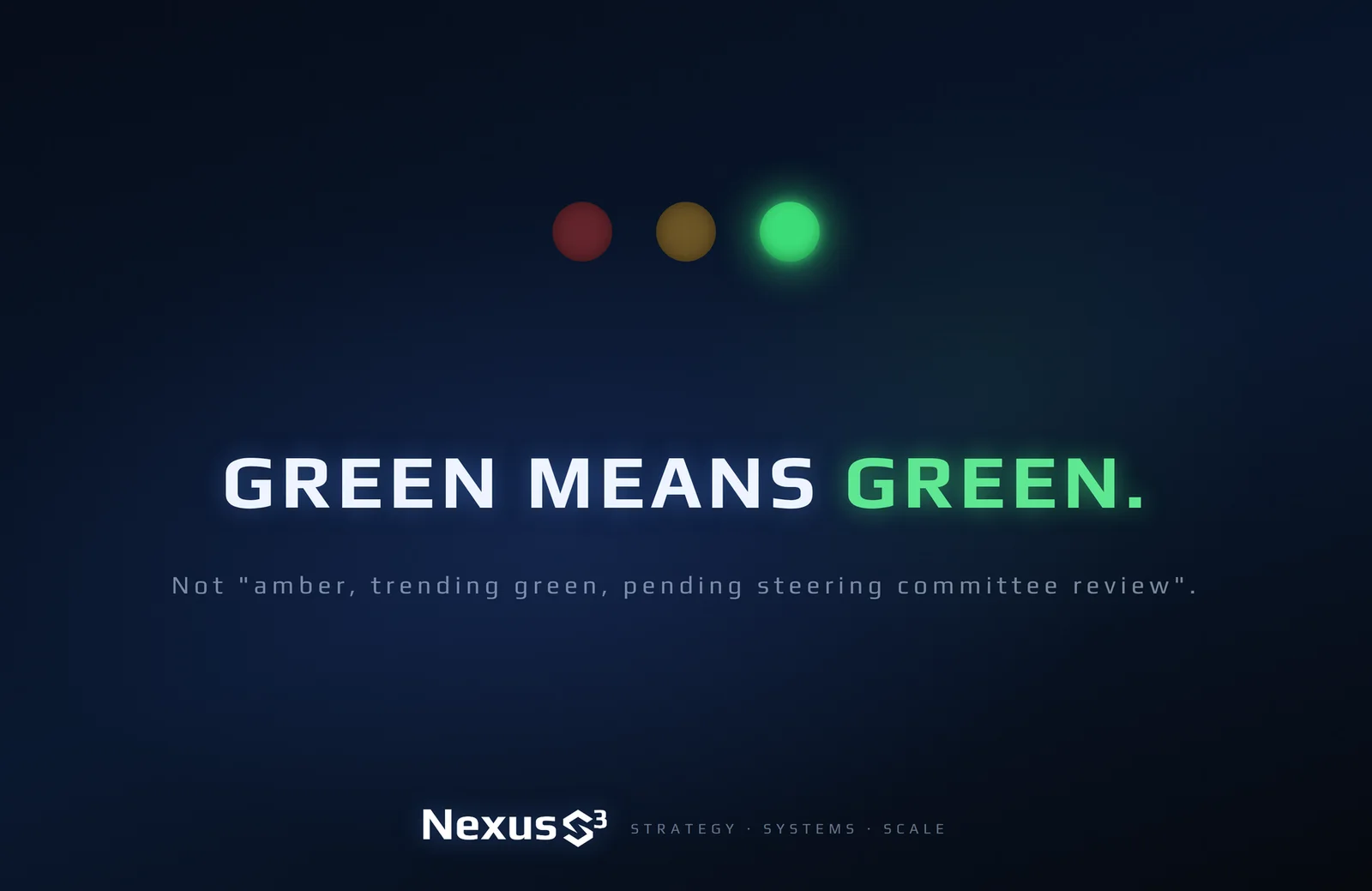 Nexus S³ wallpaper reading “Green means green.”, with rAG status dots with only green lit. Small print: Not "amber, trending green, pending steering committee review".