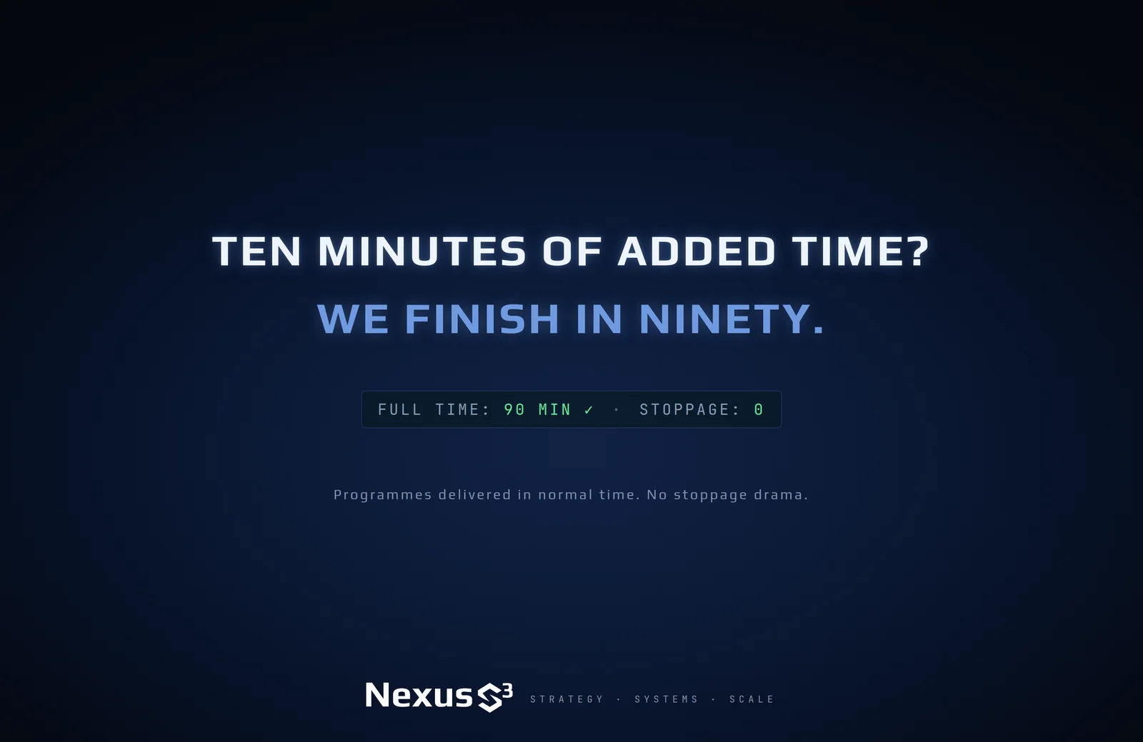 Nexus S³ wallpaper reading “Ten minutes of added time? We finish in ninety.” Small print: Programmes delivered in normal time. No stoppage drama.
