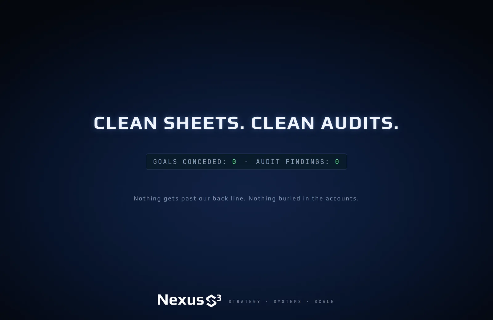 Nexus S³ wallpaper reading “Clean sheets. Clean audits.” Small print: Nothing gets past our back line. Nothing buried in the accounts.