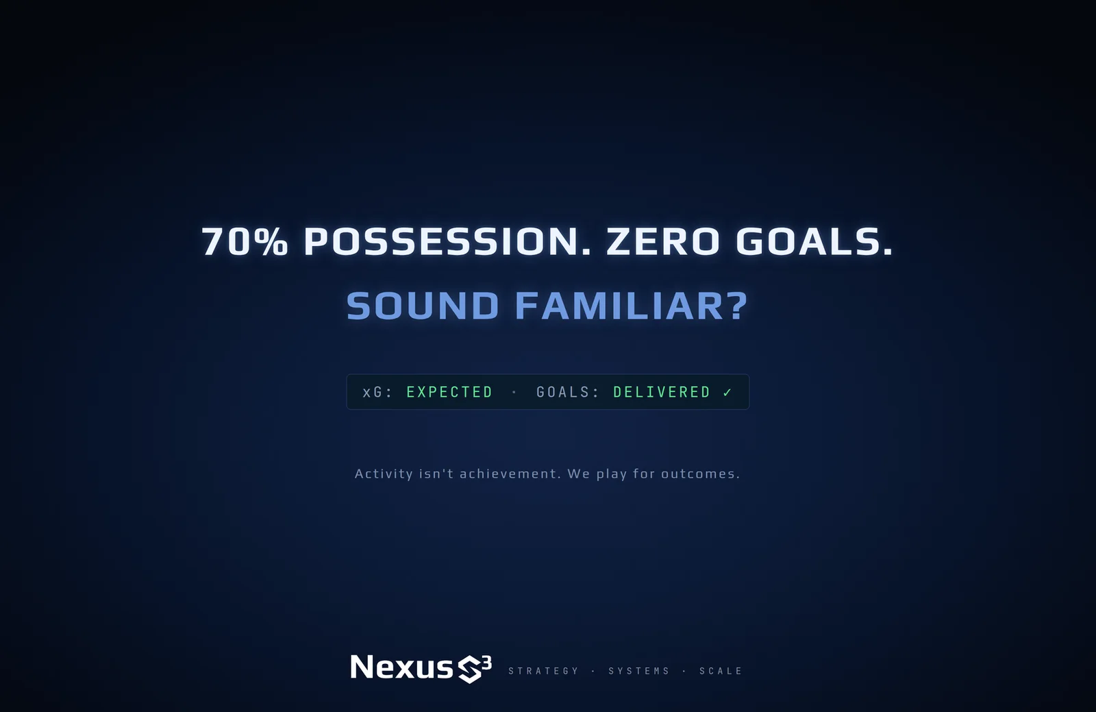 Nexus S³ wallpaper reading “70% possession. Zero goals. Sound familiar?” Small print: Activity isn't achievement. We play for outcomes.