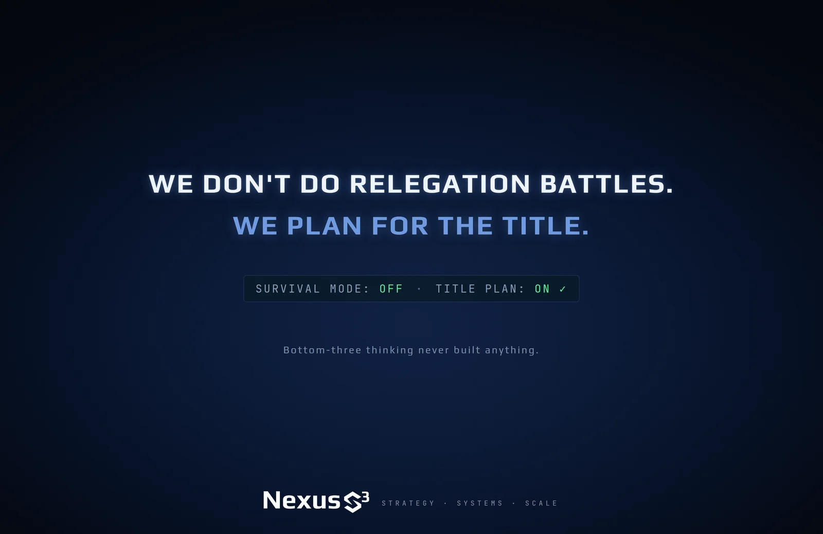 Nexus S³ wallpaper reading “We don't do relegation battles. We plan for the title.” Small print: Bottom-three thinking never built anything.