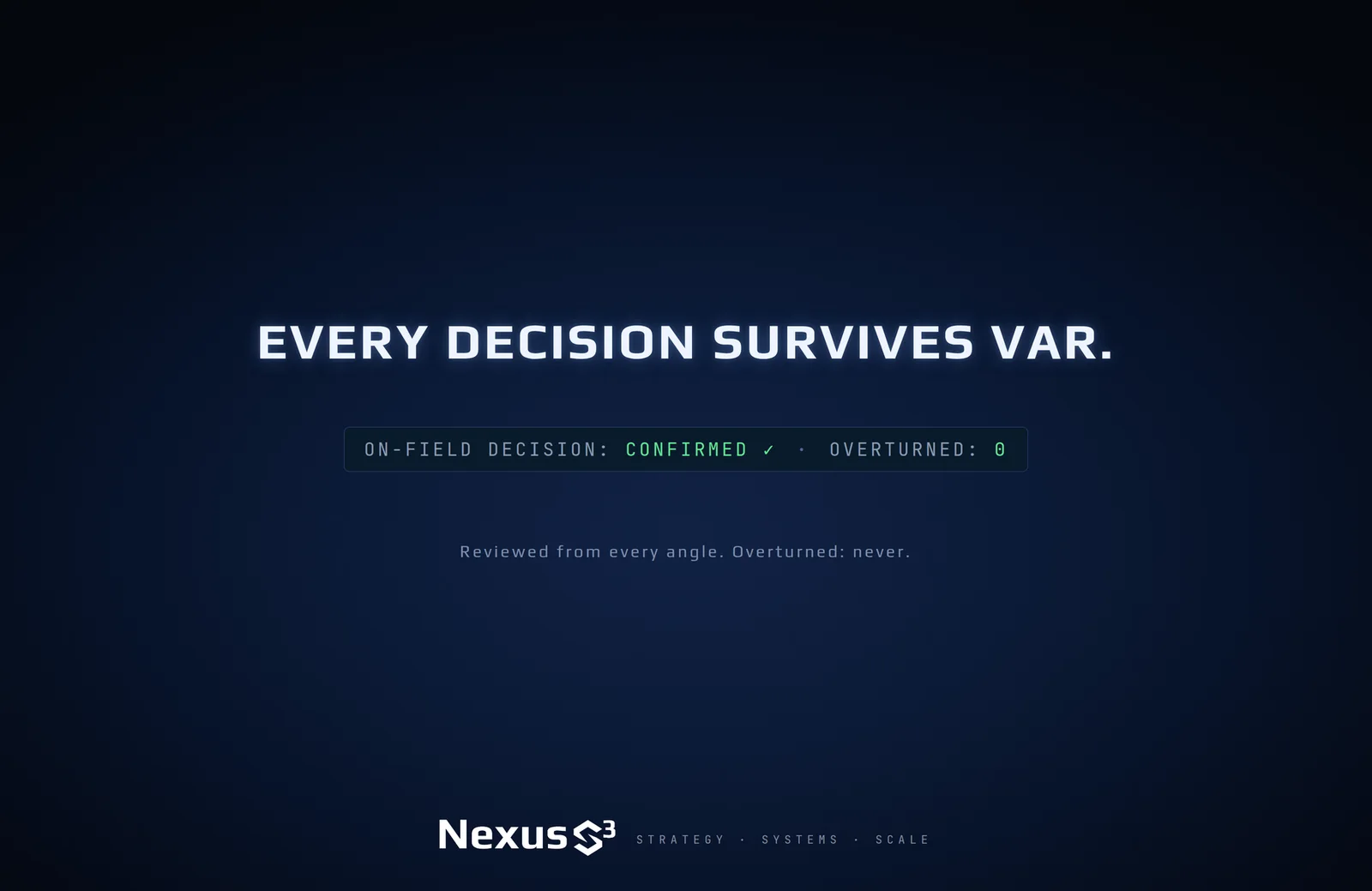 Nexus S³ wallpaper reading “Every decision survives VAR.” Small print: Reviewed from every angle. Overturned: never.