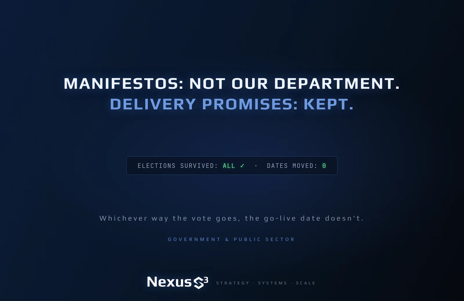 Nexus S³ wallpaper reading “Manifestos: not our department. Delivery promises: kept.” Small print: Whichever way the vote goes, the go-live date doesn't.