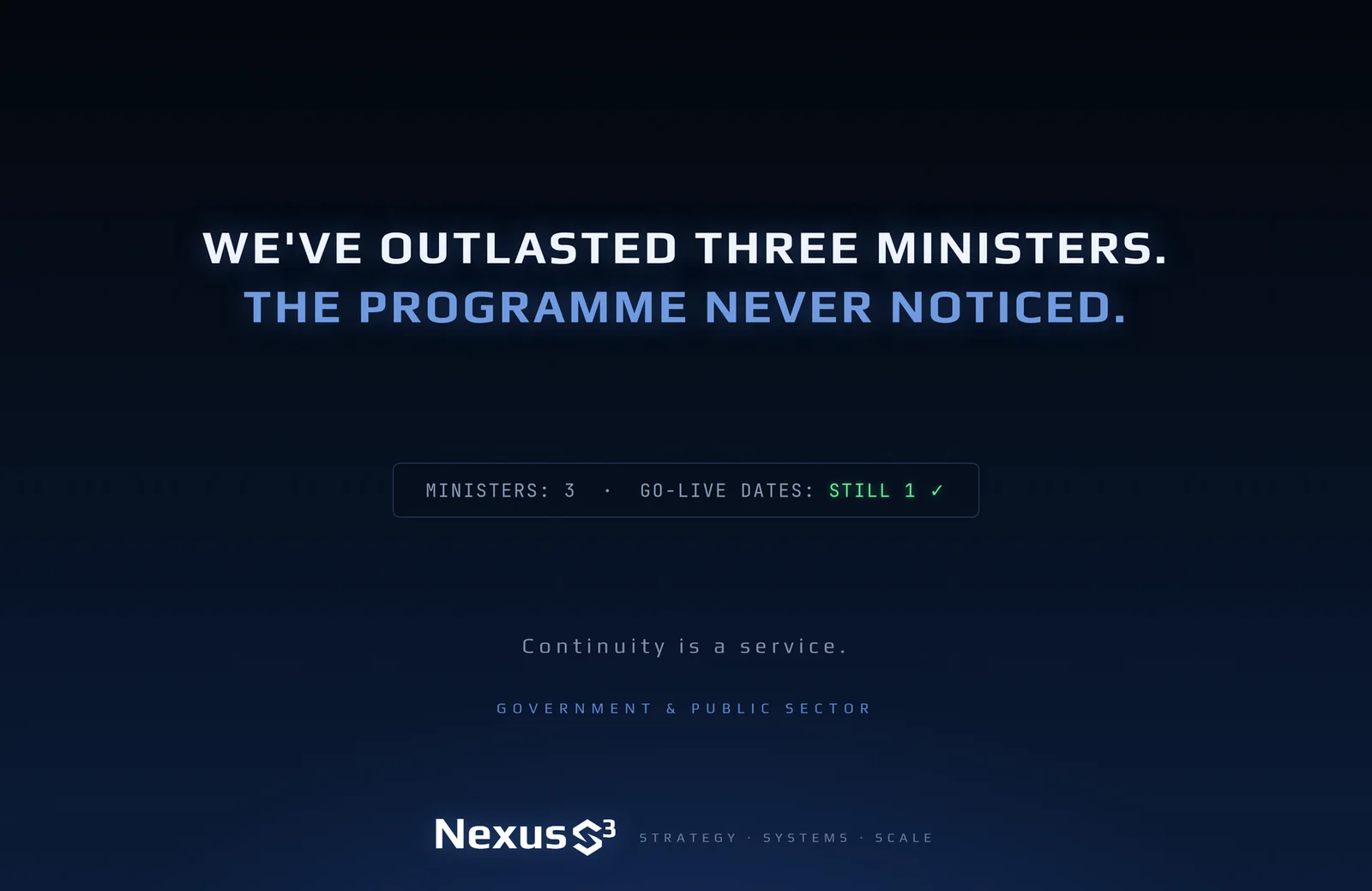 Nexus S³ wallpaper reading “We've outlasted three ministers. The programme never noticed.” Small print: Continuity is a service.